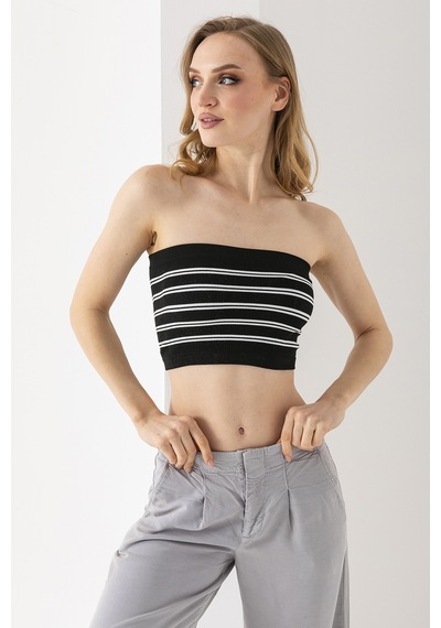 Giysa Kadın Straplez Çizgili Crop Siyah Beyaz - Ms0000136 Siyah - Beyaz
