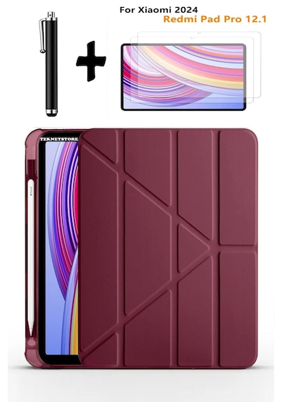 Xiaomi Redmi Pad Pro 12.1 Uyumlu Kalem Bölmeli Standlı Kılıf + Ekran Koruyucu + Kalem 3'lü Set Kılıf