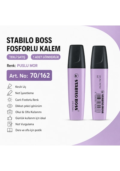 Boss Fosforlu Kalem 1 Adet Metin İşaretleme Kalemi Mor