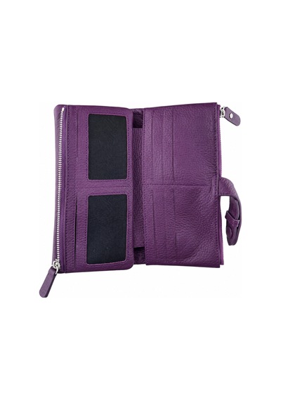 Alphaclub Bag Unisex Hakiki Deri Mor Renk Fermuarlı Çok Bölmeli Uzun Cüzdan