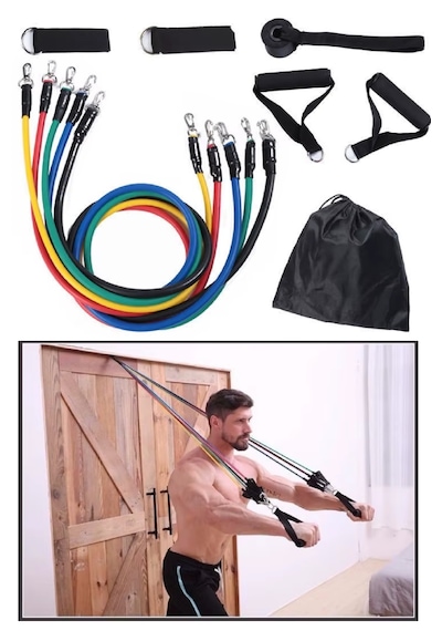 5'li Set 11 Parça Direnç Lastiği Taşıma Çantalı 4,5 Kg - 45 Kg Ayarlayabilir Zorluk Çok Renkli