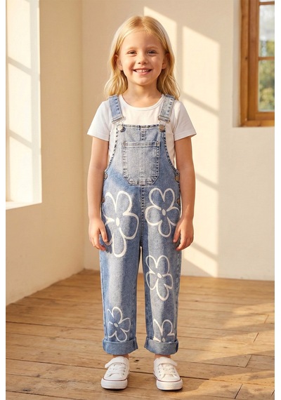 Baby Mod Çiçek Baskılı Denim Kız Çocuk Salopet Kot Tulum Mavi