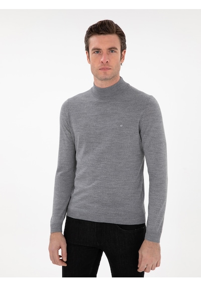 Cacharel Füme Slim Fit Yün Karışımlı Yarım Balıkçı Yaka Basic Triko Kazak Gri