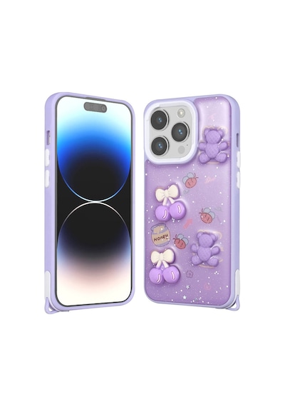 Zore İphone 14 Pro Max Kılıf Parlayan Sıvılı Simli Kabartma Figürlü Nvth Cevze Kapak-mor Ayı