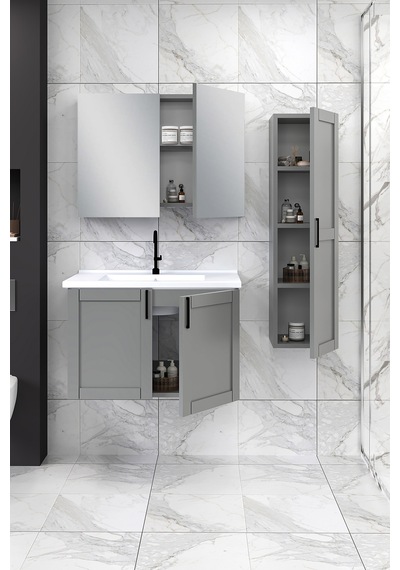 %100 Mdf 80 Cm Riva Banyo Dolabı + 30 Cm Riva Boy Dolabı Beyaz