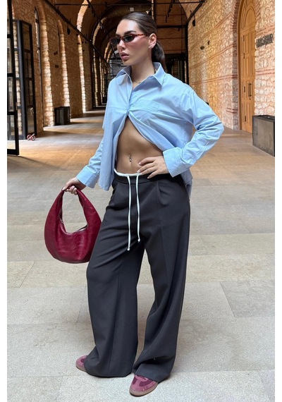 Madmext Acı Kahve Çift Bel Bantlı Wide Leg Kadın Pantolon Mg2551 Acı Kahverengi