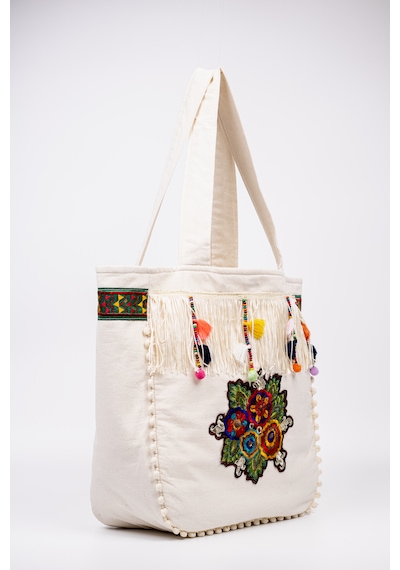 Fabric Craft Bag Omuz Çantası Bohem Nakışlı Püsküllü Pamuklu Krem 45x35 Krem