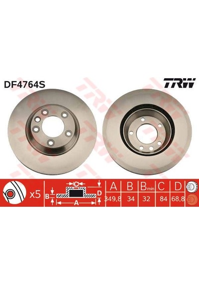 TRW DF4764S Fren Diski Ön Sol Touareg 02- / Q7 06- / Cayenne 02- Panamera 09- Havalı 350Mm