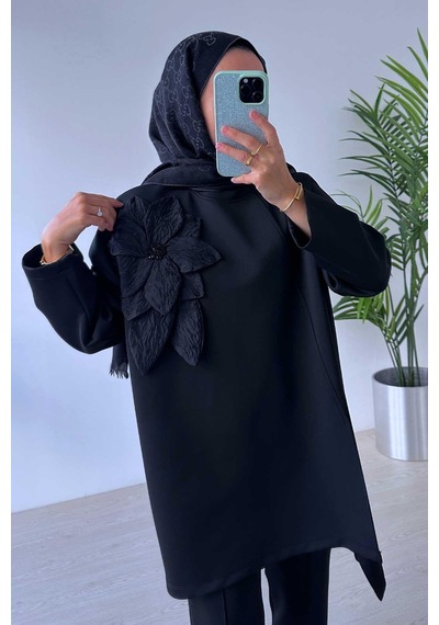 Kahijab Çiçekli Asimetrik Kesim Scuba Takım - Siyah Siyah