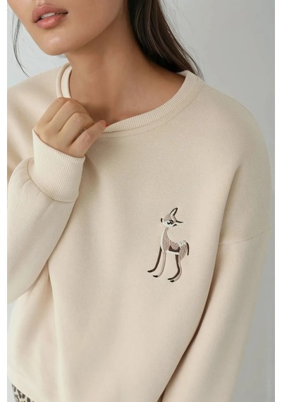 Hiccup Rahat Hayvan Nakışlı Şardonlu Bisiklet Yaka Hoodie Natural