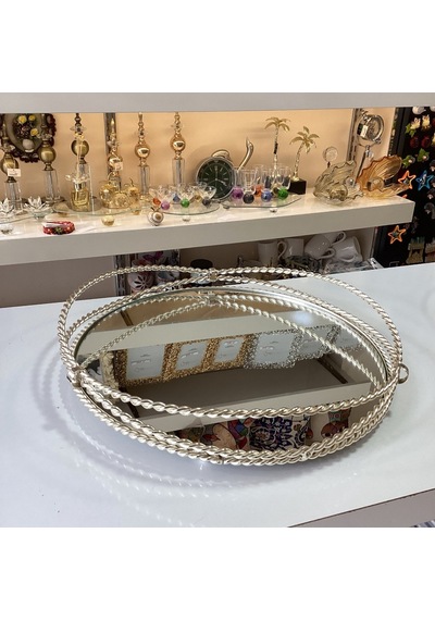 Gümüş Dekoratif Tasarım Burgulu Aynalı Sunumluk Tepsi Gümüş