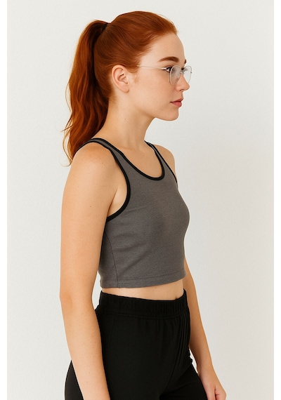 Tommy Life Antrasit Melanj Basic Sıfır Kol Dar Kalıp U Yaka Kadın Crop Top Atlet - 97162 Antrasit