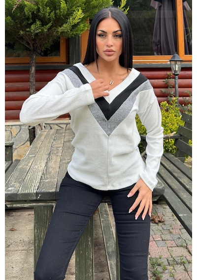 WeShaya Kadın Ekru Uzun Kollu V Yaka Color Block Pamuklu Bluz Sweatshirt Ekru