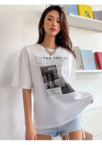 Flood Of Style Kadın Beyaz 1997 Baskılı Bisiklet Yaka Tshirt