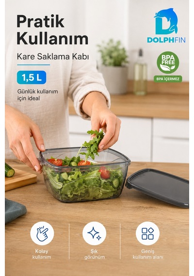 Kare Saklama Kabı 1,5 Litre Füme Şeffaf Siyah Kapaklı Buzdolabı Kabı Bpa İçermez