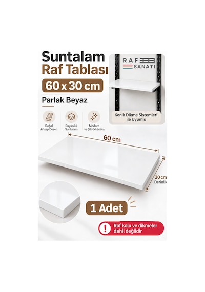 1 Adet - Suntalam Raf Tablası 60x30 Cm Beyaz Ahşap Raf Konik Dikme Sistemleri İle Uyumlu