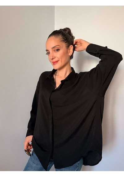 Ali Butik Siyah Gizli Düğmeli Oversize Saten Gömlek Siyah