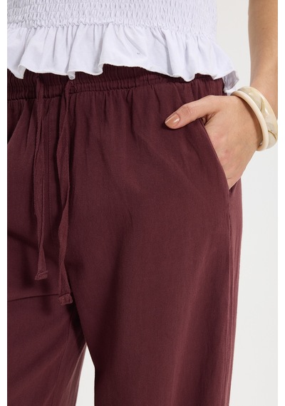 Tudors Kadın Relax Fit Rahat Kesim %100 Pamuk Beli Bağcıklı Lastikli Çift Cepli Mürdüm Pantolon-50602