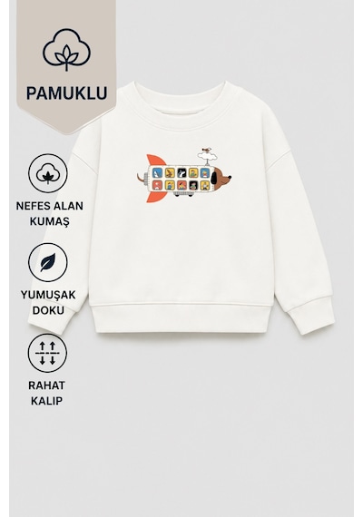 Monila Erkek Çocuk 3 İplik Kumaş Pamuklu Uçak Baskılı Sweatshirt Ekru