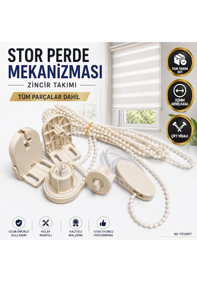 Stor Perde Mekanizması 32mm Geniş Kasa Çift Vidalı Takmatik Zincir Takımı Tam Set Zebra Perde Mekanizması Krem