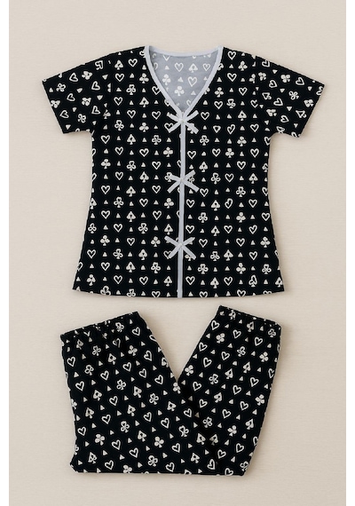Moda Dua Kadın Siyah Beyaz Desenli Fiyonklu Kısa Kollu Pijama Takımı