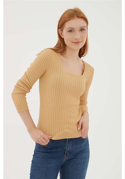 Fashion Friends Kadın Kare Yaka Saç Örgülü Kazak 23k0405k1 Camel
