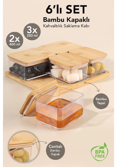 6 Parça Bambu Kapaklı Kahvaltı Saklama Kabı - Bambu Tepsili Hava Almaz Vakum Kapak Kahvaltılık Set Bej