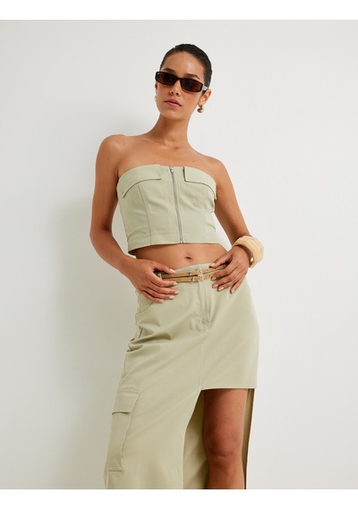 Koton Crop Straplez Büstiyer Fermuarlı Kat Detaylı Slim Fit Khakı 4sak30196ew Haki