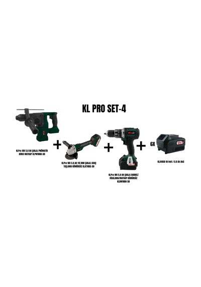 Klpro Set-4 Şarjlı Pnömatik Kırıcı Matkap + Şarjlı Darbeli Matkap + 115 MM Şarjlı Avuç Taşlama Kömürsüz