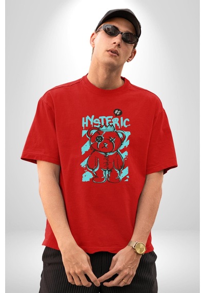 Histerik Pamuklu Bisiklet Yaka Unisex Oversize Boyfriend Dijital Baskılı Kırmızı T-shirt Kırmızı