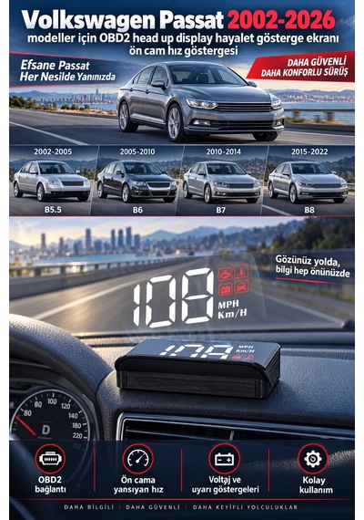 Volkswagen Passat 2002-2026 Modeller İçin Obd2 Head Up Display Hayalet Gösterge Ekranı Ön Cam Hız Göstergesi
