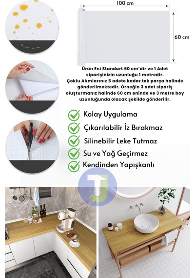 Technojet Kendinden Yapışkanlı Dokulu Ahşap Görünümlü Premium Mutfak Duvar Dolap Kaplama 60cmx100cm