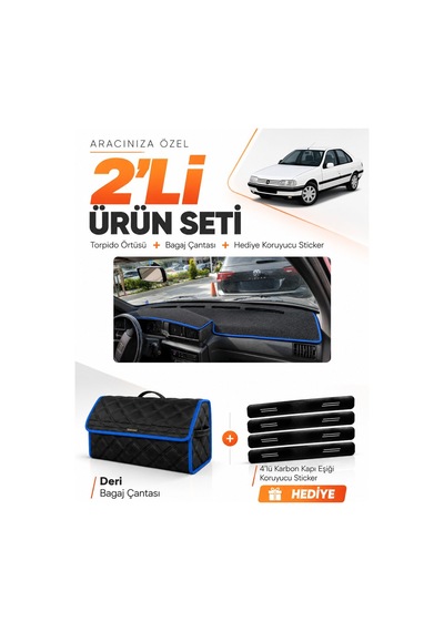 Peugeot 405 1987-1992 Uyumlu Torpido Örtüsü + Deri Bagaj Çantası + Sticker Seti - Siyah Mavi