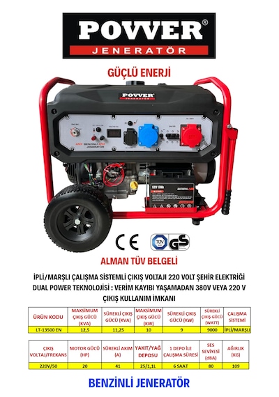Power LT13500EN 12.5Kva 10Kw İpli Marşlı Benzinli Jeneratör