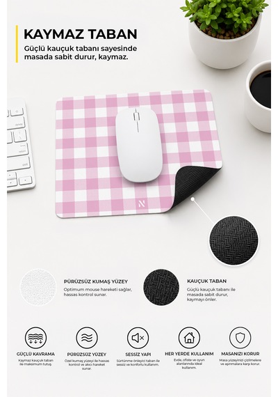 Pembe Ekose Pötikare Desenli Ergonomik Mouse Pad Kaymaz Taban Ev Ve Ofis Kullanımı Mousepad