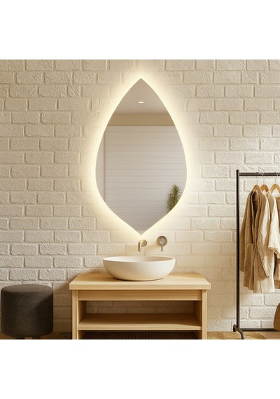 60x103 Cm Damla Form Led Ayna Dokunmatik, Dim Edilebilir, 3000k Günışığı Modern Duvar Aynası Sarı