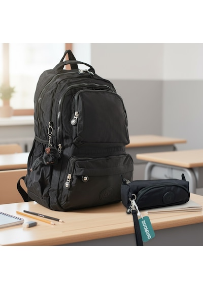 Duomino Krinkıl Suya Dayanıklı Büyük Boy Klinkır Sırt Çantası 15,6 Laptop Okul Çantası Kalemlik Takım Çanta Siyah