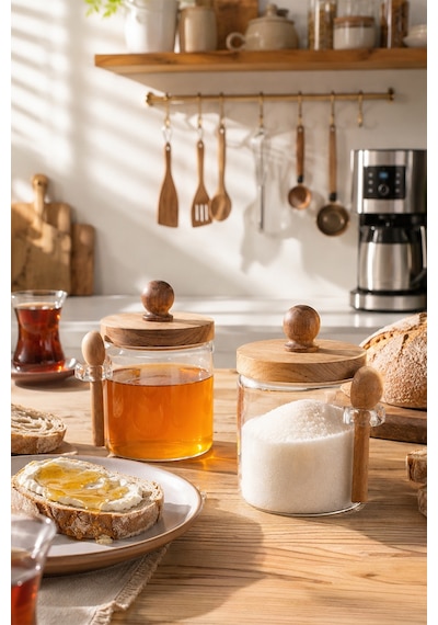 Porsima Lm-0057 Bambu Kapaklı Bambu Kaşıklı Cam 2li Şekerlik Sunumluk Seti Bal Ve Reçel Kavanozu Saklama Kabı 450ml Cam - Şeffaf