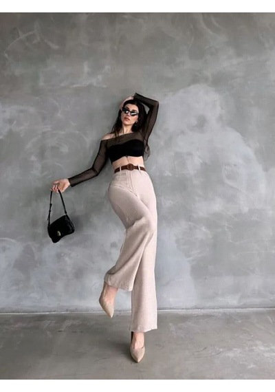 Tane Tasarım Kadın Yazlık Trend Beli Kemerli Keten Pantolon Bej Bej