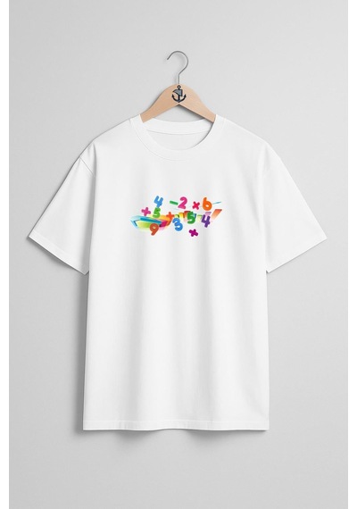 Bahriyeli Collection Oversize Matematik Sayılar Numbers Göğüs Tasarımlı Unisex T-shirt Beyaz