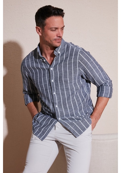 Buratti Pamuklu Çizgili Regular Fit Düğmeli Yaka Erkek Gömlek Cf21S112480 Siyah-Beyaz