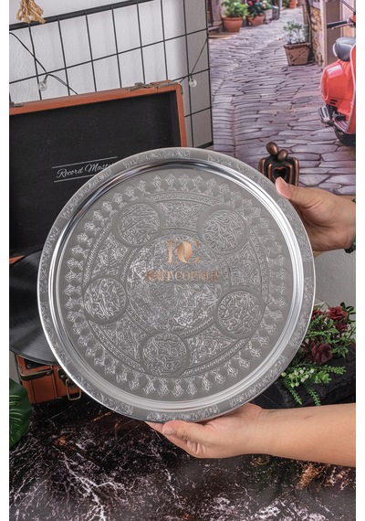 12 Adet 35 Cm Nakışlı Krom Çelik Tepsi Seti 430 Kalite Özel Motifli Servis Tepsisi Makinede Yıkanabilir Gümüş
