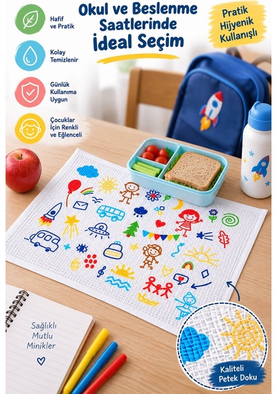 6'lı Okul Beslenme Örtüsü 35x50 Cm Pamuklu Yıkanabilir Happykids Beyaz