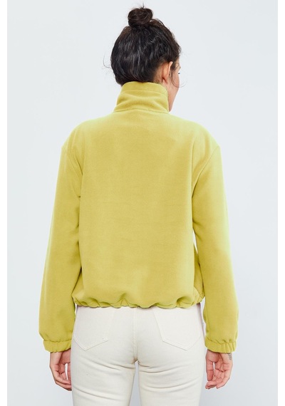 Tommy Life Limon Yarım Fermuar Etek Ucu Büzgülü Kadın Polar Oversize Sweatshirt - 97171 Limon Sarısı