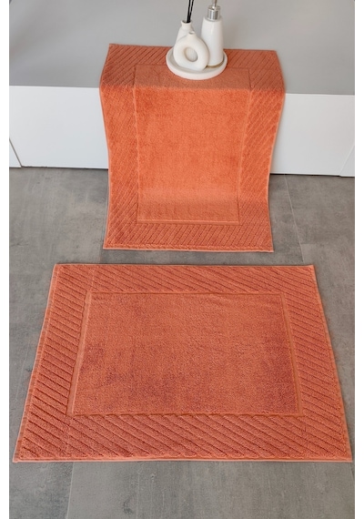2'li Diyagonal Çizgili Ayak Havlusu Seti - %100 Pamuk Havlu Takımı - 50x70 Cm Kıremıt Kiremit