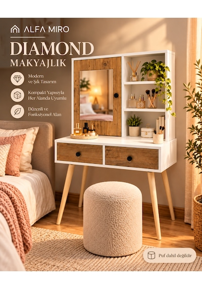 Diamond Makyaj Masası Aynalı Ahşap Ayaklı 140x80 Cm Atlantik Çam - Beyaz