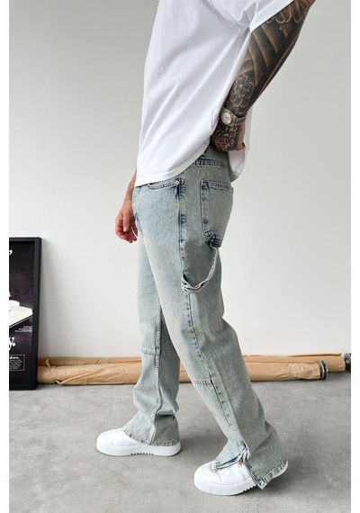Eskitme Buz Mavi Paça Fermuar Detay Baggy Pantolon