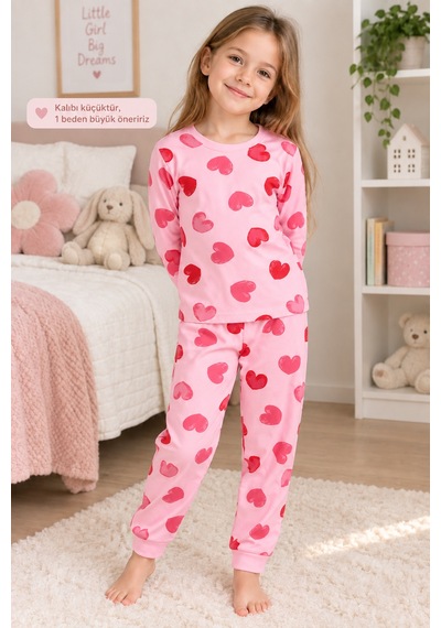 Beniizle Kız Çocuk Kalp Desenli Pijama Takımı Pembe