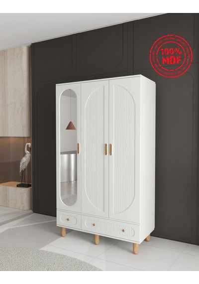 %100 MDF Soho 3 Kapaklı Çekmeceli Modüler Gardırop - Beyaz