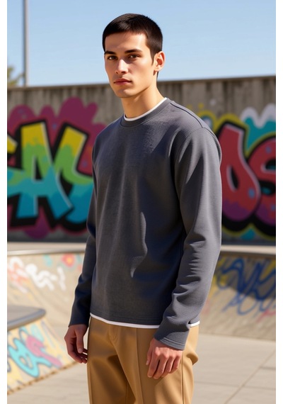 Benerly Erkek Bisiklet Yaka Standart Kol Regular Kalıp Dokulu Sweatshirt Gri